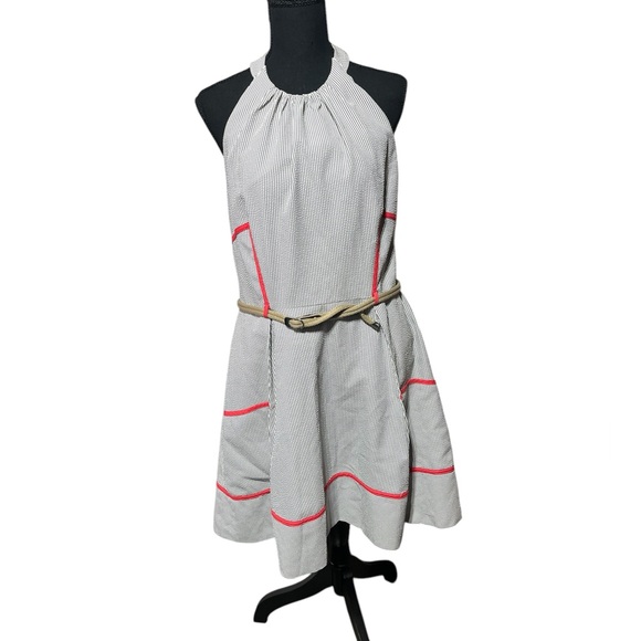 Jessica Simpson Dresses & Skirts - JESSICA SIMPSON BACKLESS SEER SUCKER DRESS WOMEN 14 BLUE WHITE RED TRIM MINIMAL